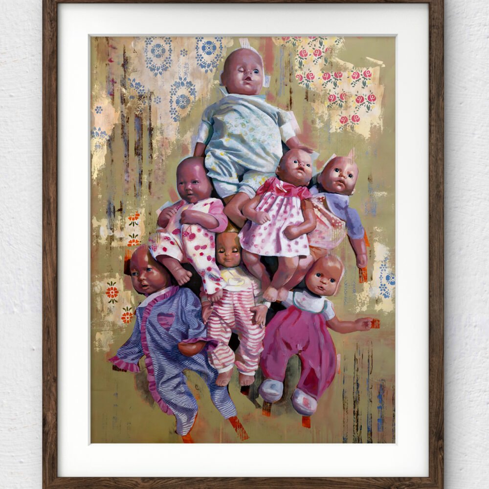 A framed mock-up image of the artwork, Playthings in Print