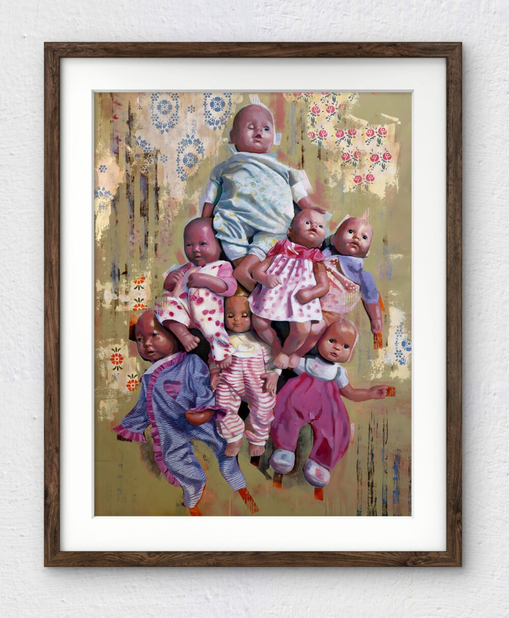 A framed mock-up image of the artwork, Playthings in Print