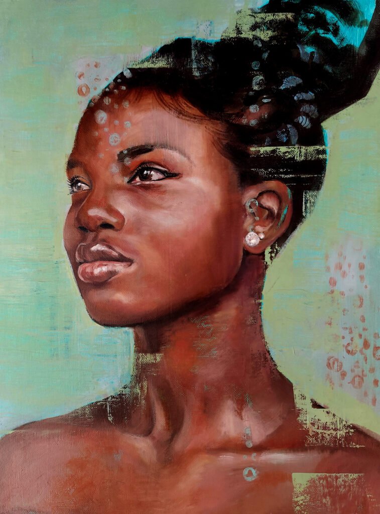 An image of the artwork, Shine Bright by Christine Gallagher, depicting the portrait of a young woman of colour