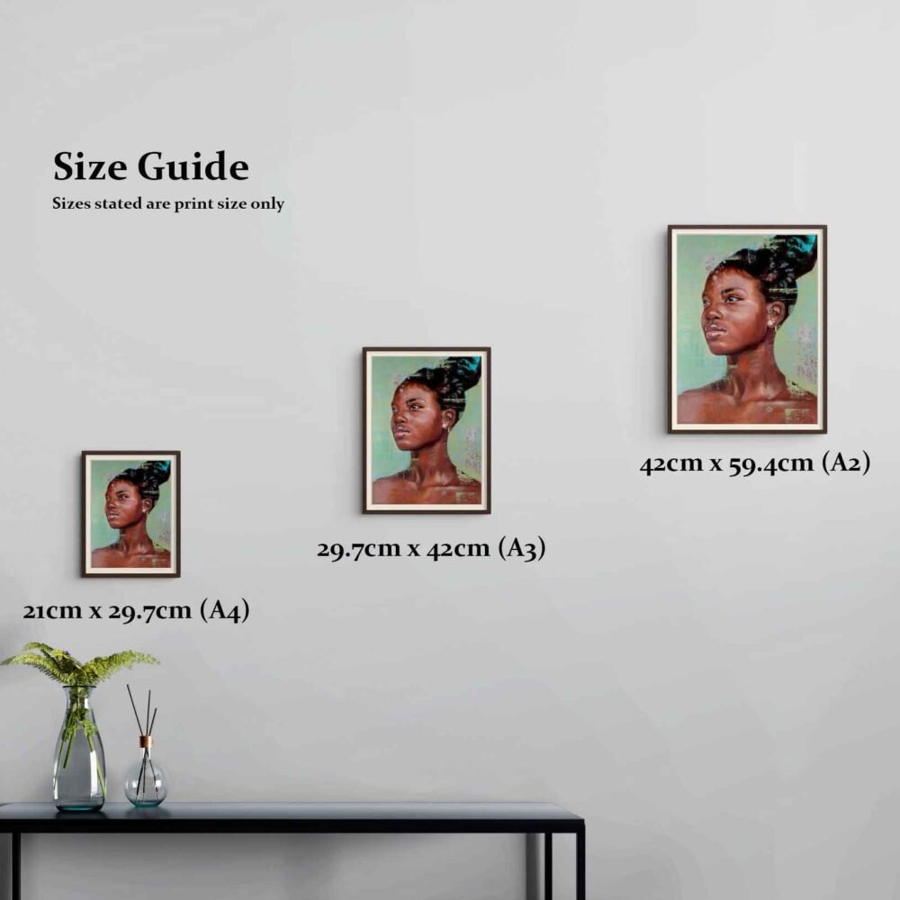 Size guide showing 3 size options for the art print, Shine Bright