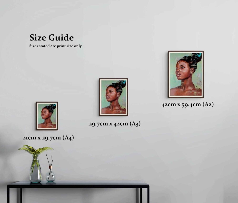 Size guide showing 3 size options for the art print, Shine Bright